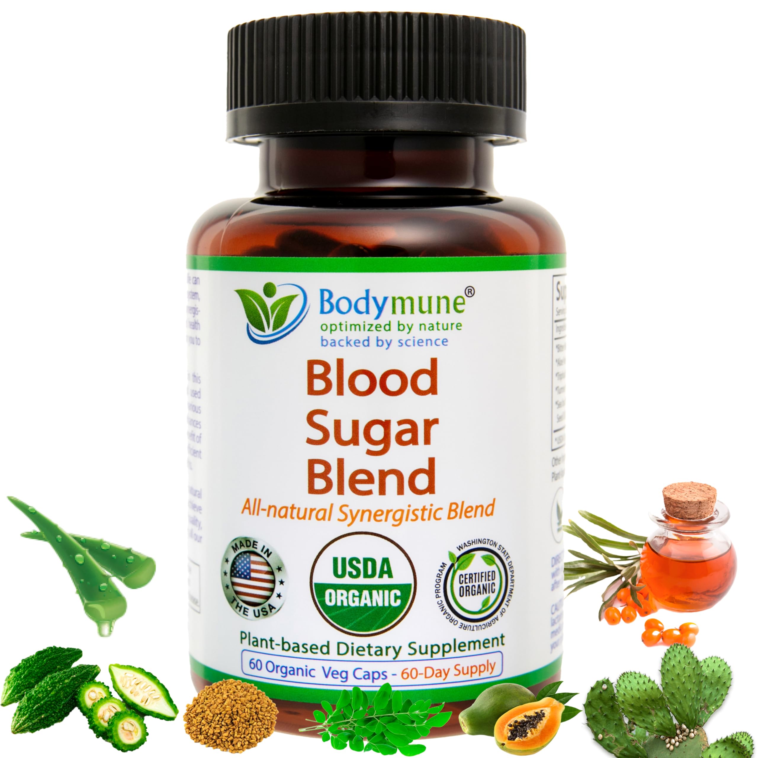 Bodymune Blood Sugar Blend bottle promoting easy daily dose for wellness.