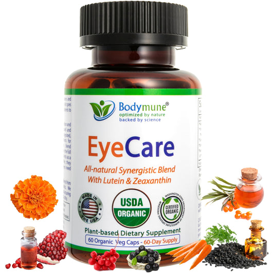 Bodymune EyeCare bottle closeup highlights vegan capsules for daily eye health support.