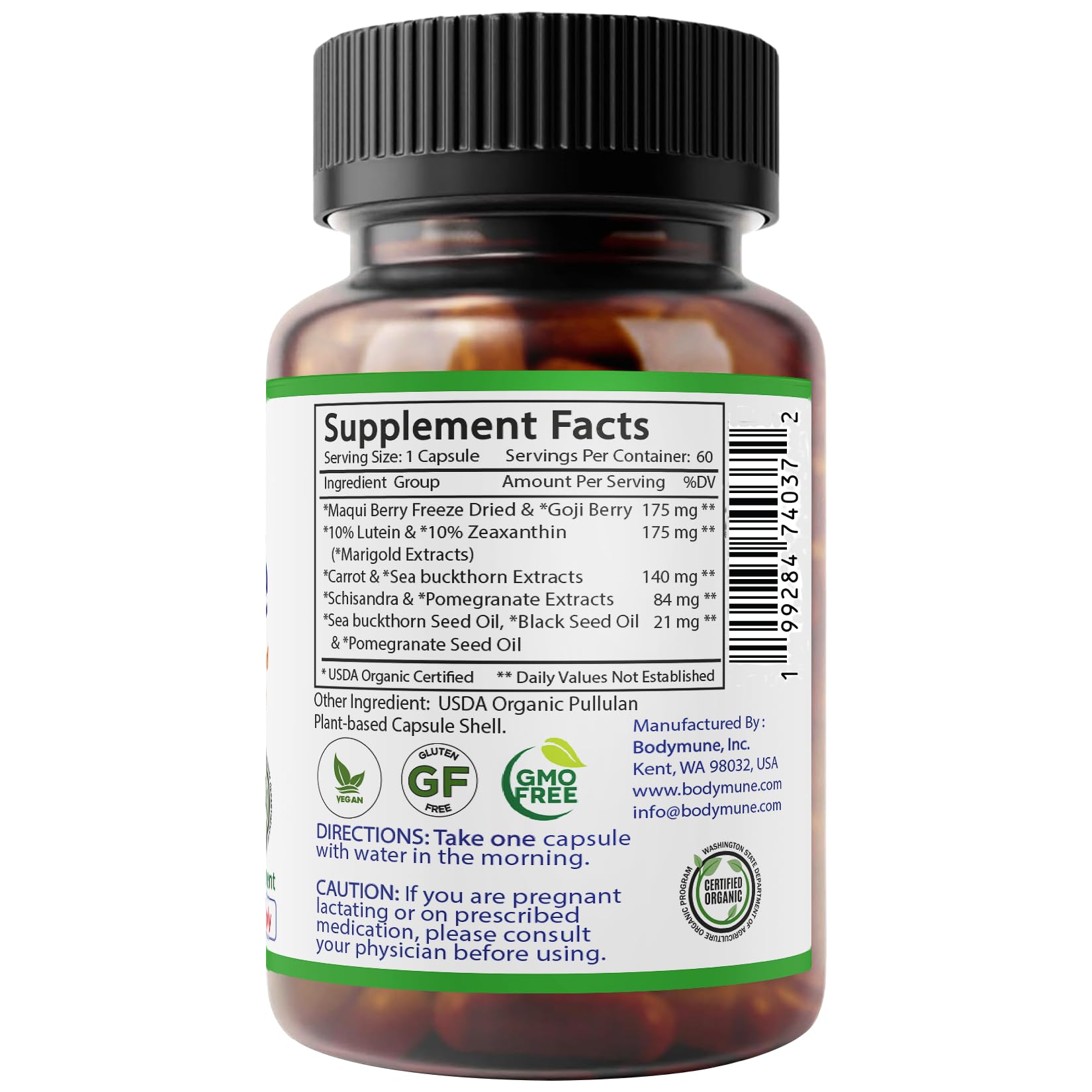 Bodymune EyeCare organic blend features Maqui, Goji, Sea Buckthorn for natural eye health.
