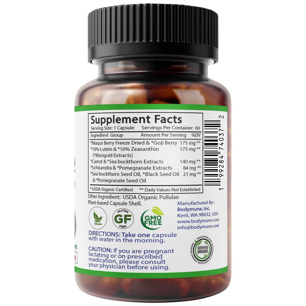 Bodymune EyeCare organic blend features Maqui, Goji, Sea Buckthorn for natural eye health.