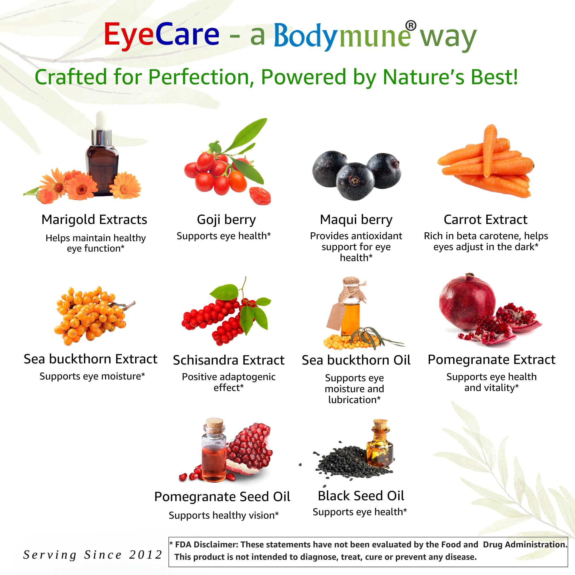 Bodymune EyeCare vegan non-GMO stamp communicates plant-based, clean formula.