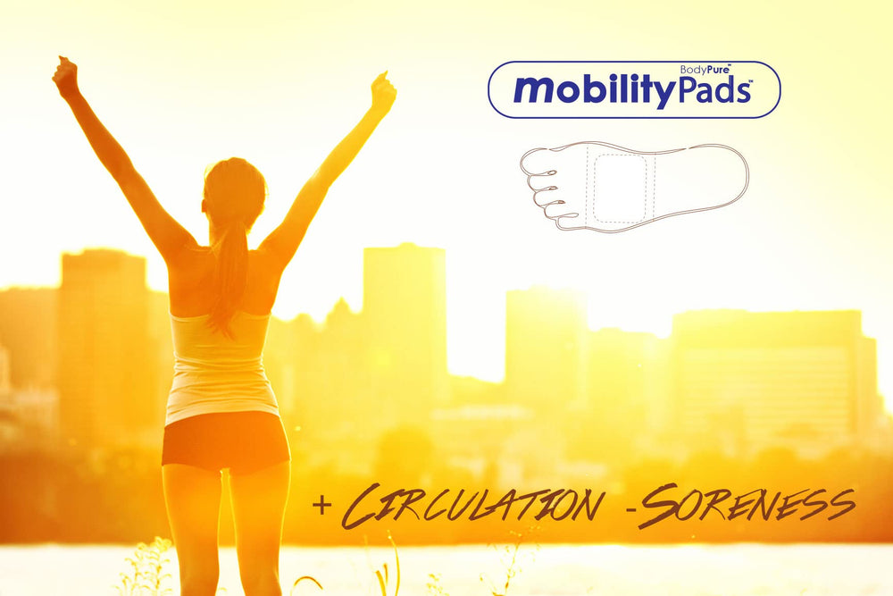 BodyPure Mobility Circulation Patches applied on the foot for potential soothing relief after activity.