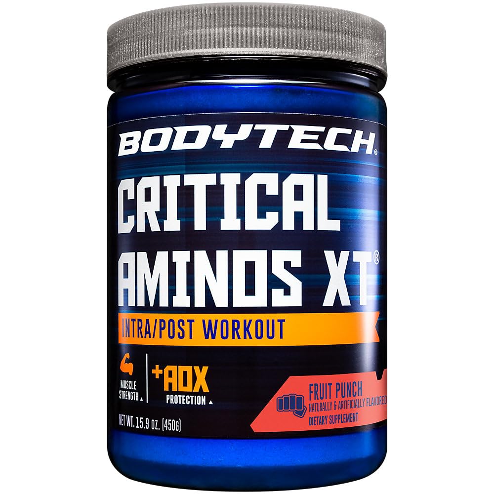 BodyTech Critical Aminos XT tub front view with fruit punch flavor for intra-workout hydration