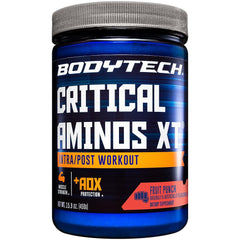 BodyTech Critical Aminos XT tub front view with fruit punch flavor for intra-workout hydration