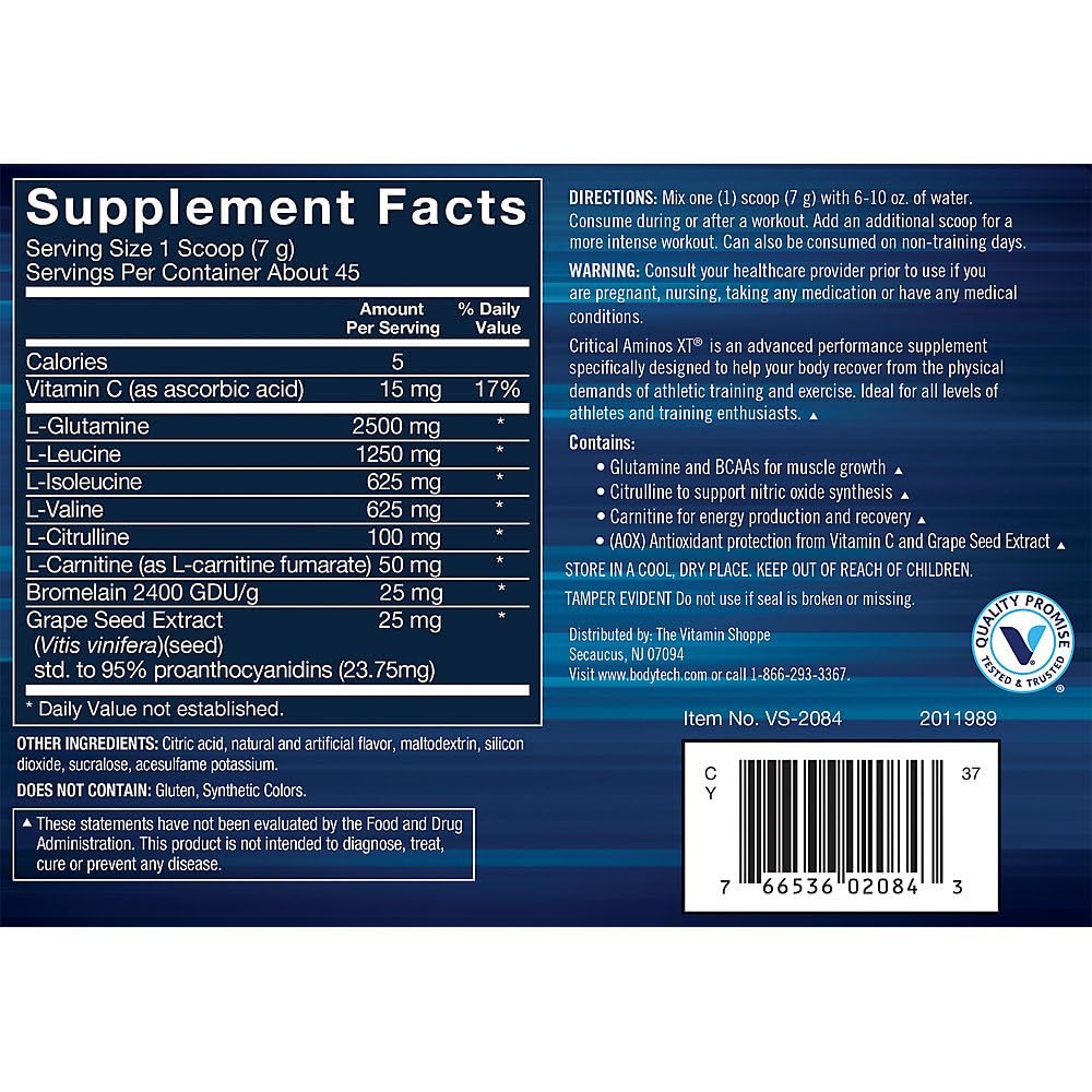 BodyTech Critical Aminos XT tub side label detailing essential amino acids for post-workout recovery