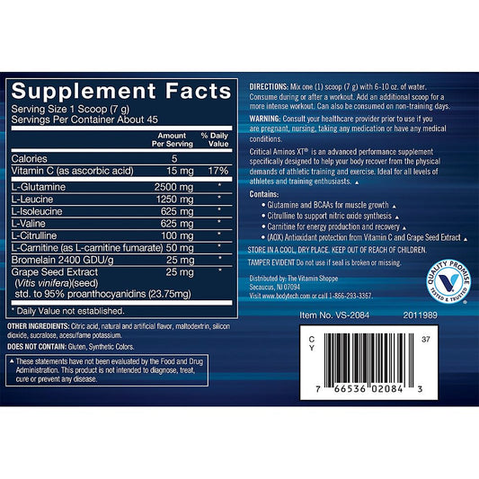 BodyTech Critical Aminos XT tub side label detailing essential amino acids for post-workout recovery