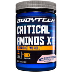 BodyTech Critical Aminos XT bottle close-up for convenient pre or post workout fueling