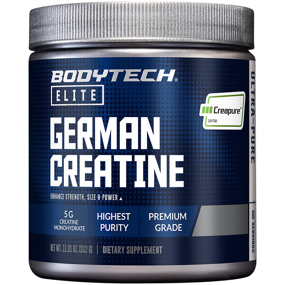 BodyTech Elite Creapure creatine bottle closeup highlighting premium purity for workouts
