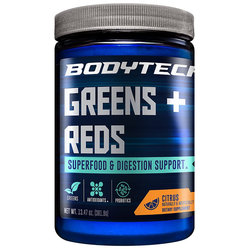 BodyTech Greens + Reds powder citrus bottle for daily wellness on the go.