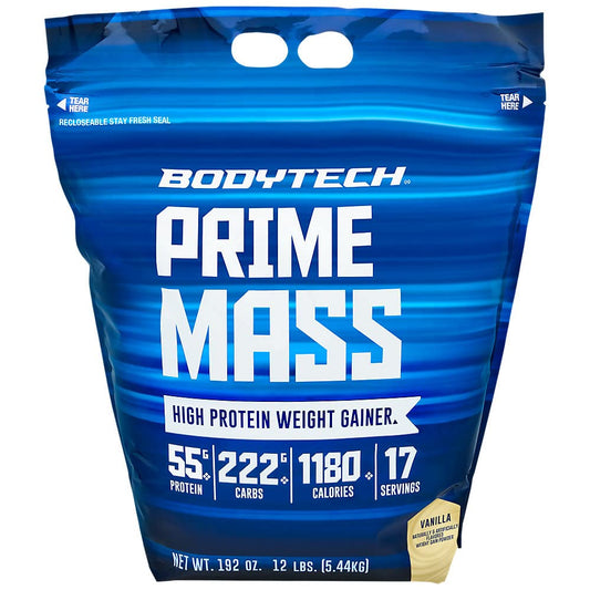BodyTech Prime Mass bottle in vanilla flavor for easy calorie intake