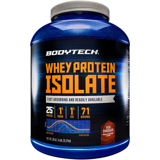 BodyTech Whey Protein Isolate bottle showing fast-absorbing protein for lean muscle support
