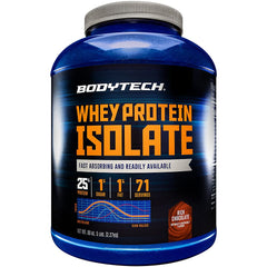 BodyTech Whey Protein Isolate bottle showing fast-absorbing protein for lean muscle support