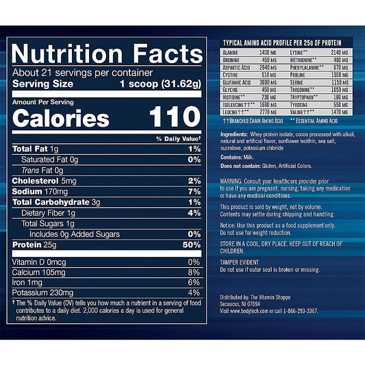 Close-up of BodyTech label on whey isolate bottle for premium protein.
