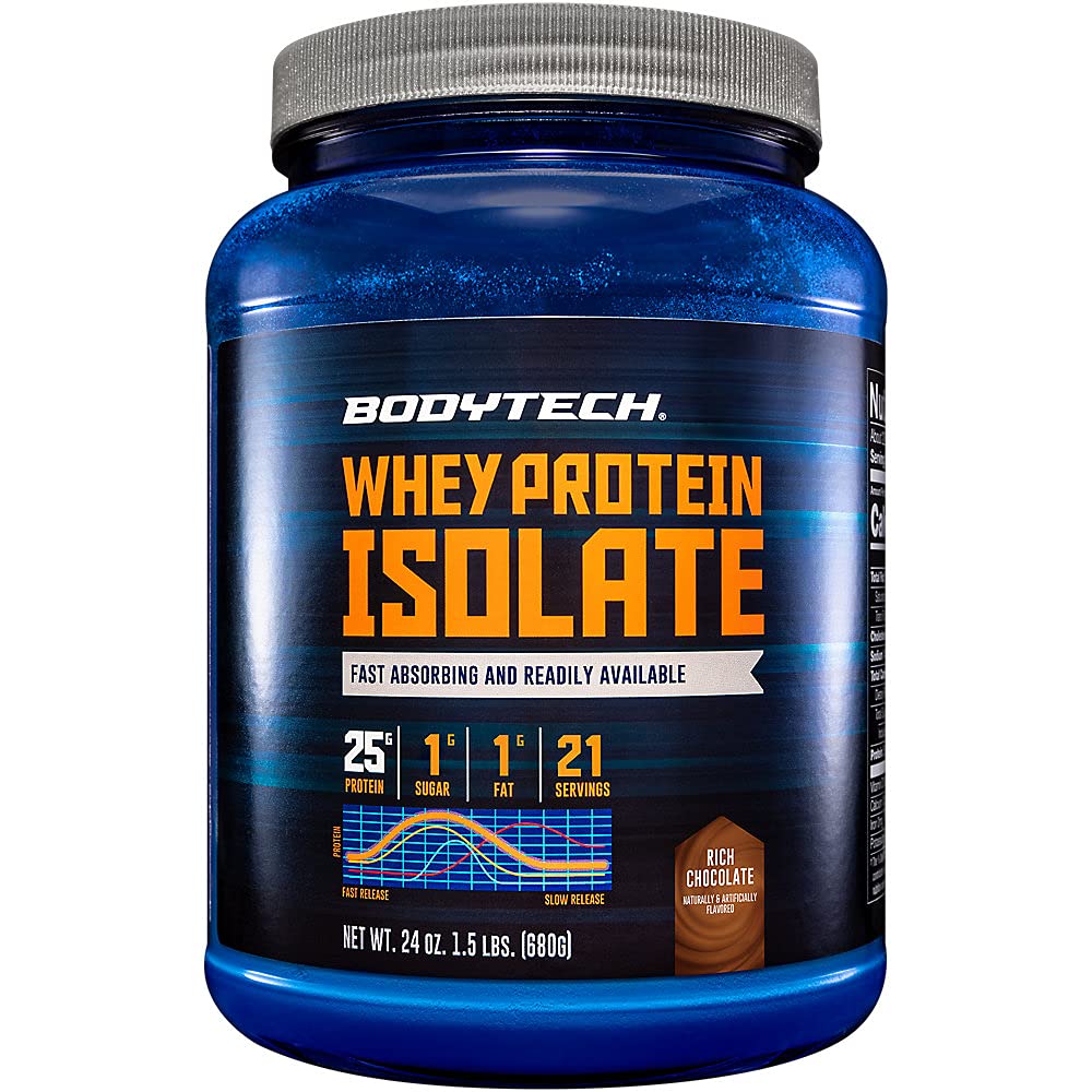 BodyTech whey protein isolate powder jar for clean muscle fuel.