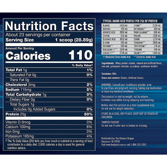 BodyTech Whey Protein Isolate vanilla bottle—gluten-free formula for versatile use.