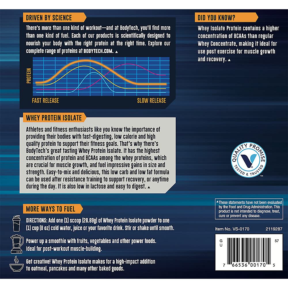 BodyTech Vanilla whey protein isolate nutrition panel closeup