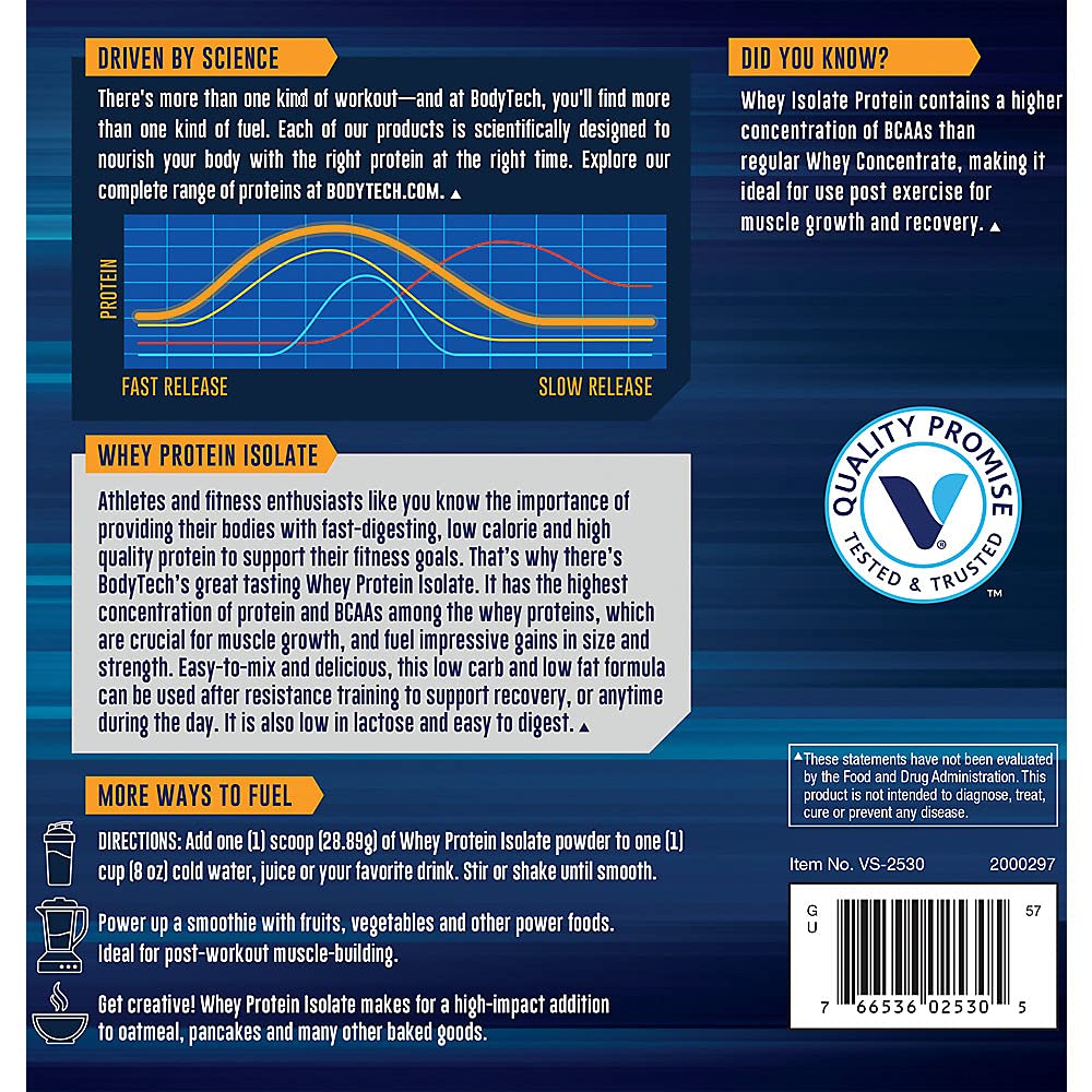 BodyTech Whey Protein Isolate Vanilla packaging box showcases premium protein for athletes.