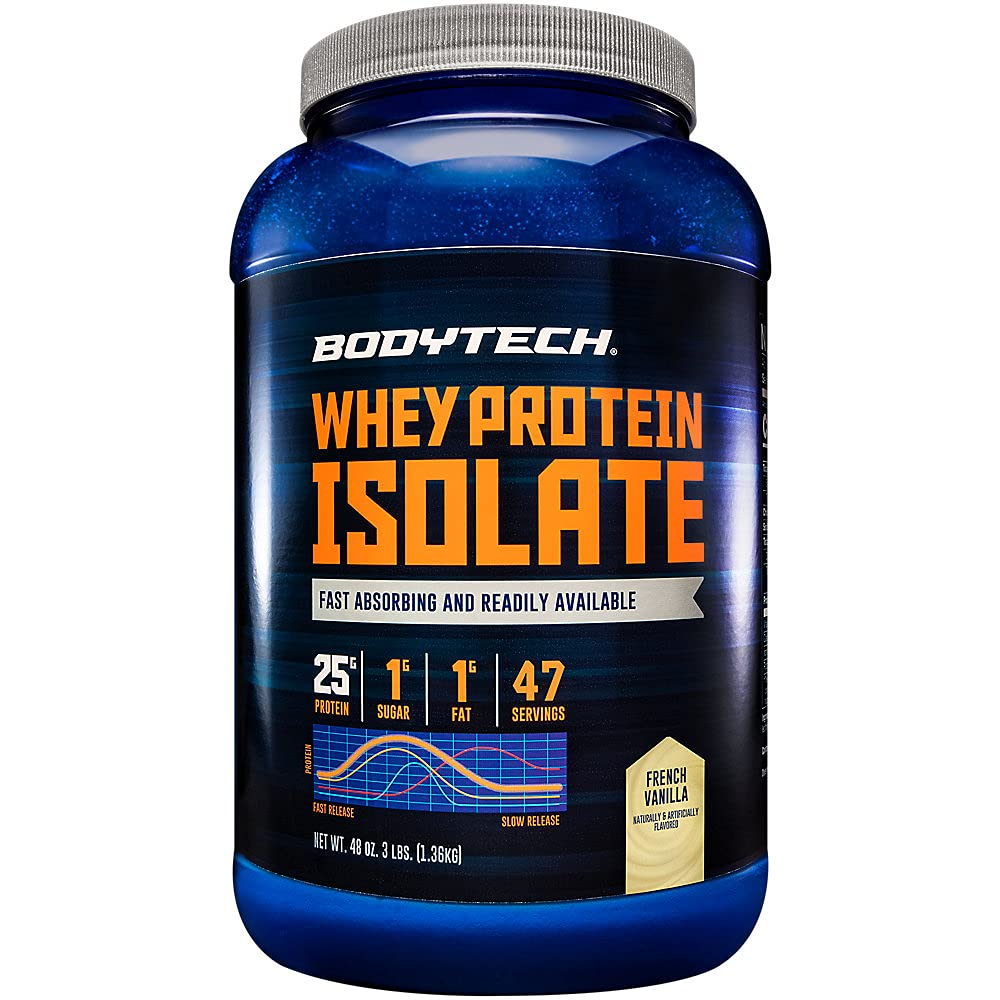 BodyTech Whey Protein Isolate Vanilla powder jar highlighting high-protein nutrition for muscle recovery.