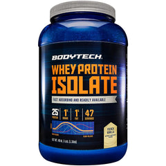 BodyTech Whey Protein Isolate Vanilla powder jar highlighting high-protein nutrition for muscle recovery.