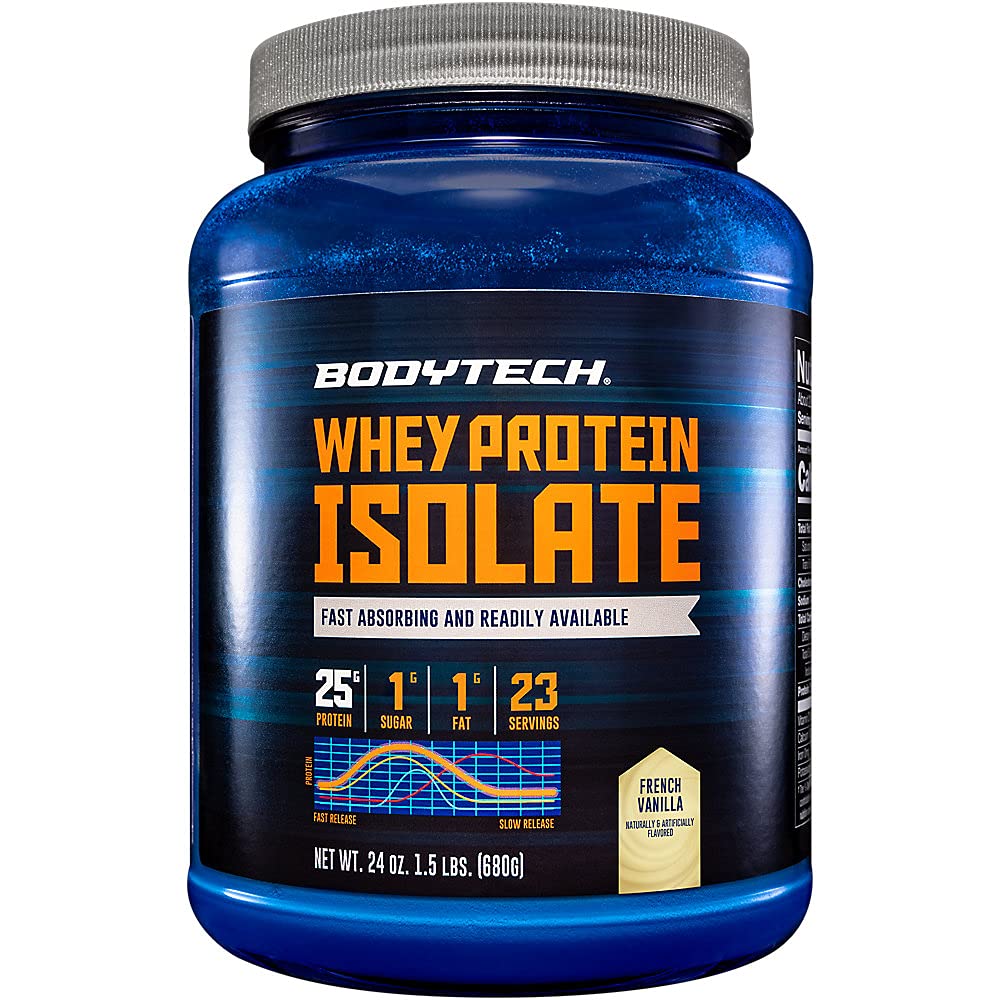 BodyTech Whey Protein Isolate vanilla powder for quick, high-protein daily nutrition.