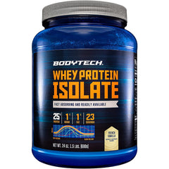 BodyTech Whey Protein Isolate vanilla powder for quick, high-protein daily nutrition.