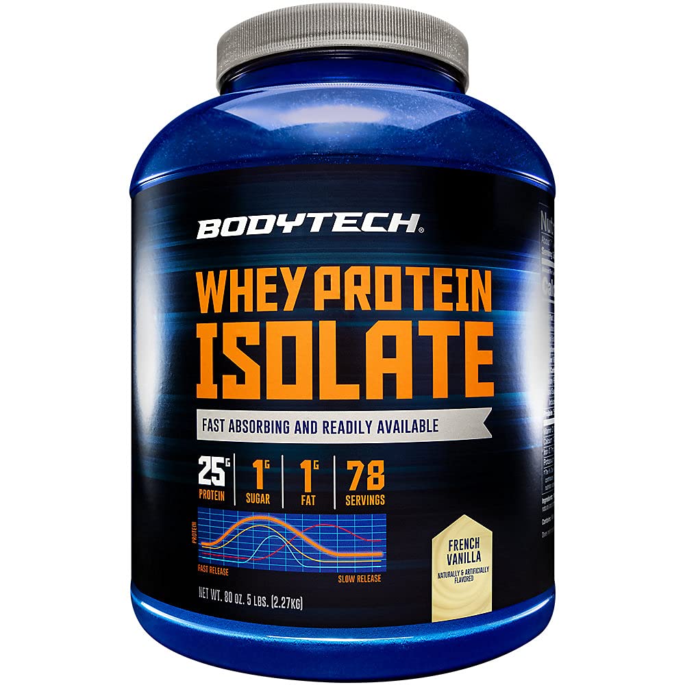 BodyTech Vanilla whey protein isolate tub for post-workout protein