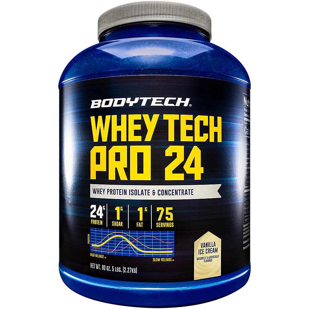 BodyTech Whey Tech Pro24 vanilla powder container for post-workout refueling.