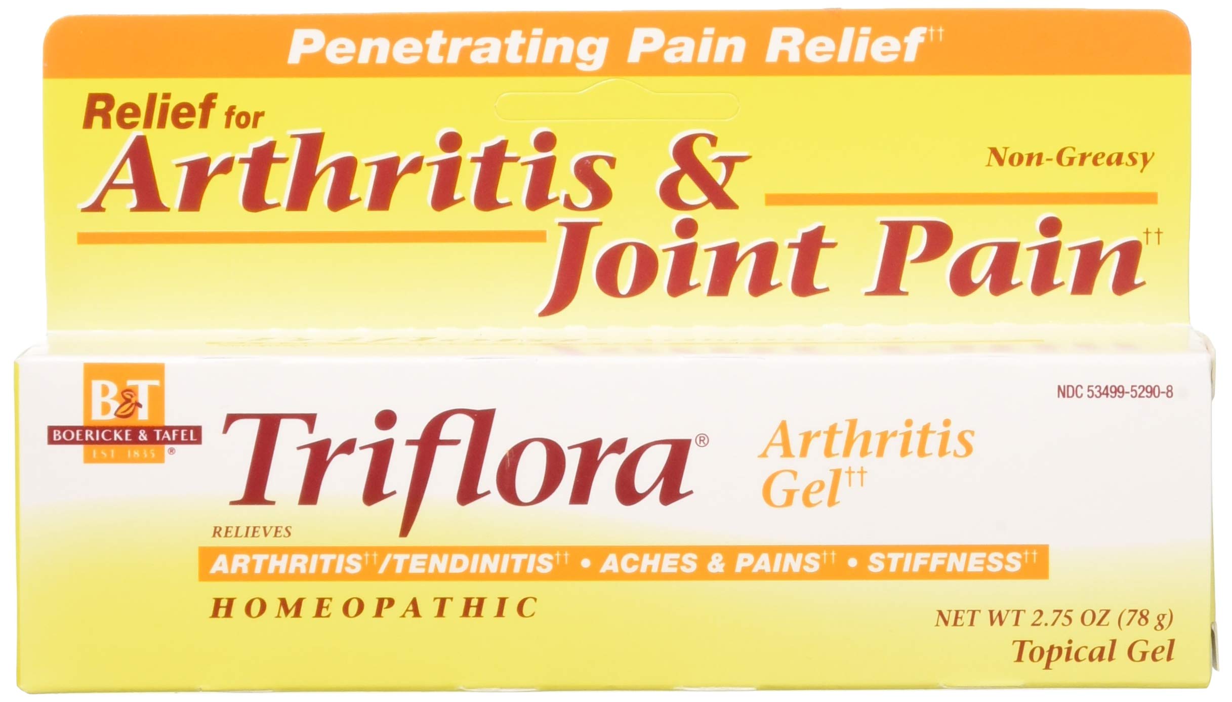 Boericke and Tafel Triflora Arthritis Gel bottle for temporary joint relief.