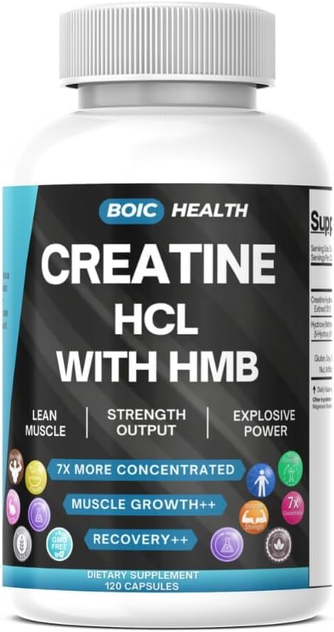 BOIC Creatine HCL + HMB capsules in front of bottle, showcasing premium workout support