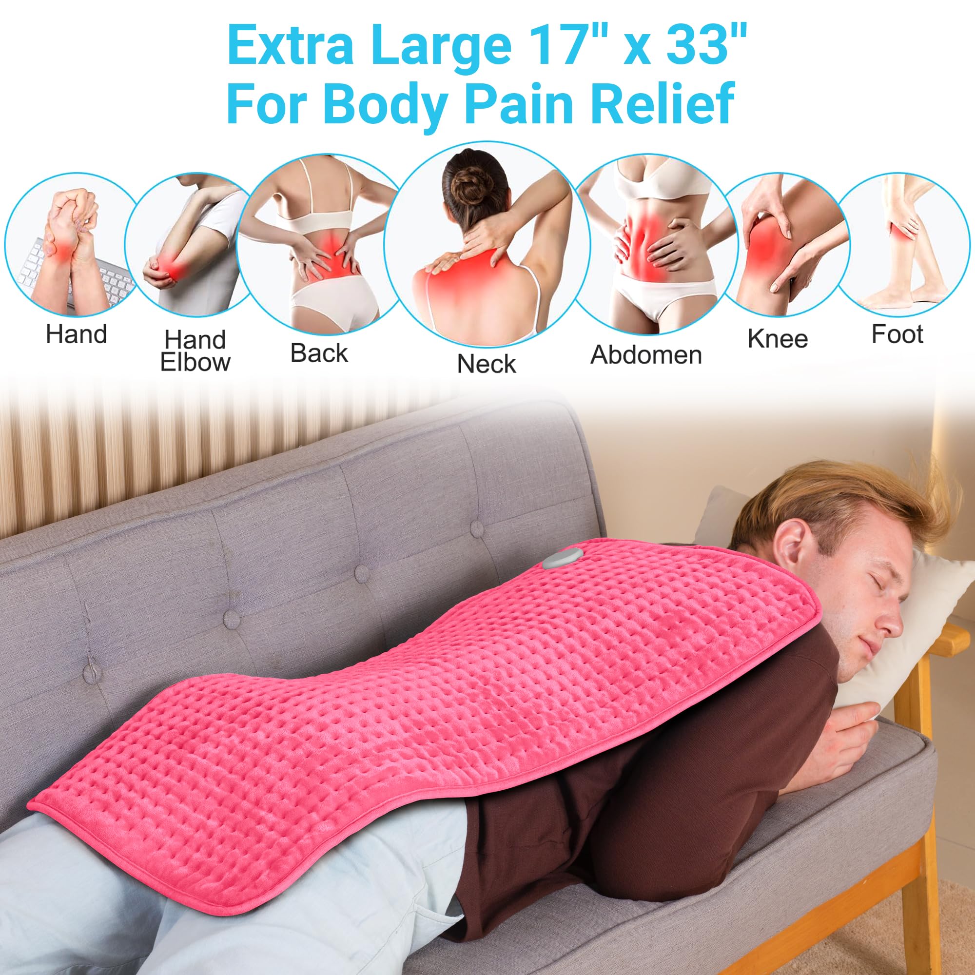 Boileau XL heating pad on bed illustrating generous size for full back relief