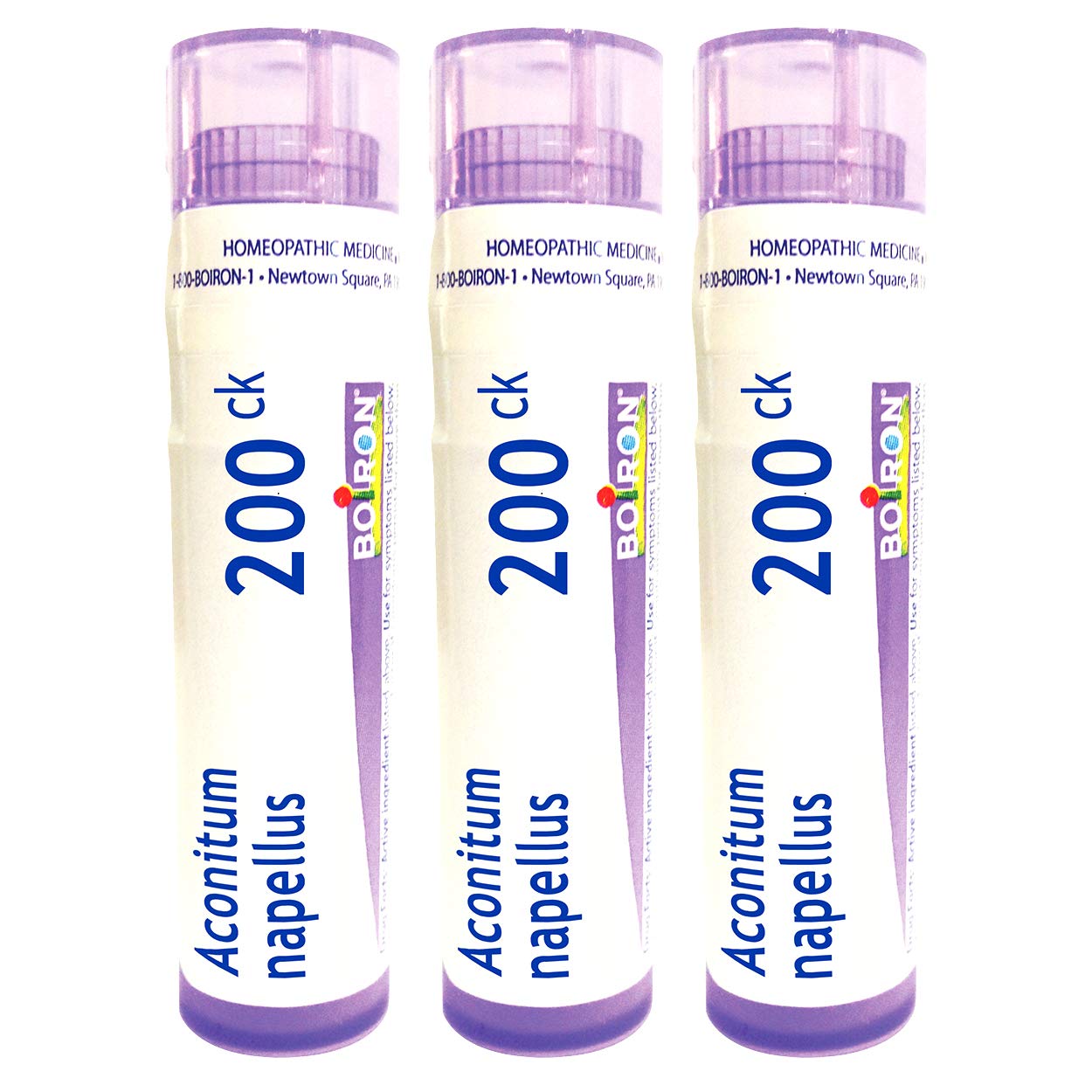 Boiron Aconitum Napellus 200CK tubes with quick-dissolving pellets for fever relief.