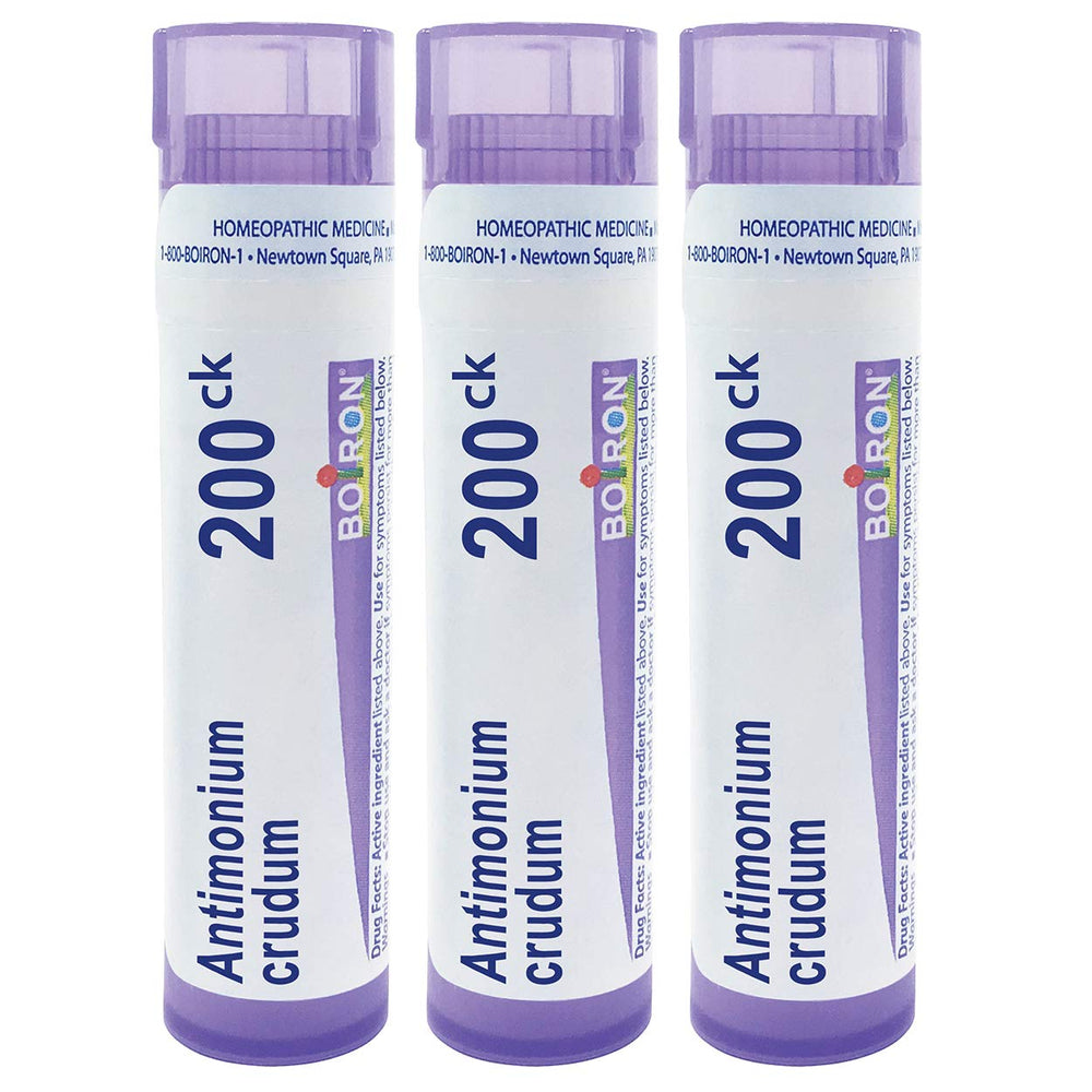 Boiron Antimonium Crudum 200CK pellets packaging showcases easy multi-dose use.