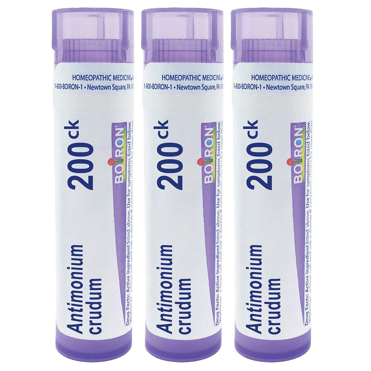 Boiron Antimonium Crudum 200CK pellets packaging showcases easy multi-dose use.