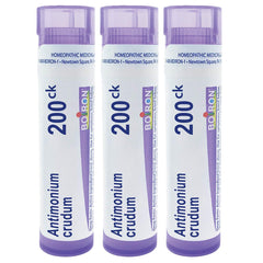 Boiron Antimonium Crudum 200CK pellets packaging showcases easy multi-dose use.