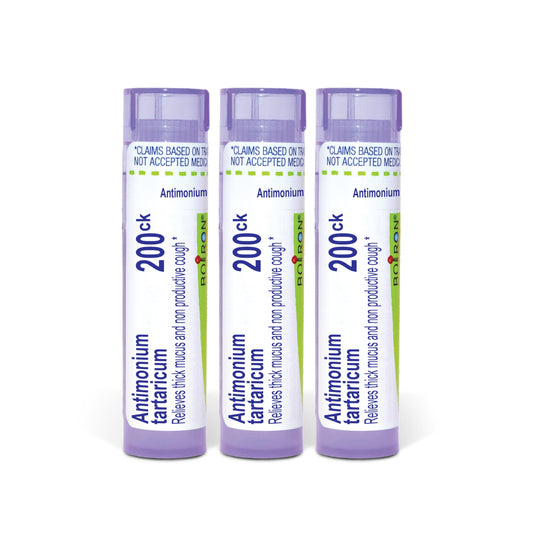 Boiron Antimonium Tartaricum 200Ck pellets bottle for cough relief.
