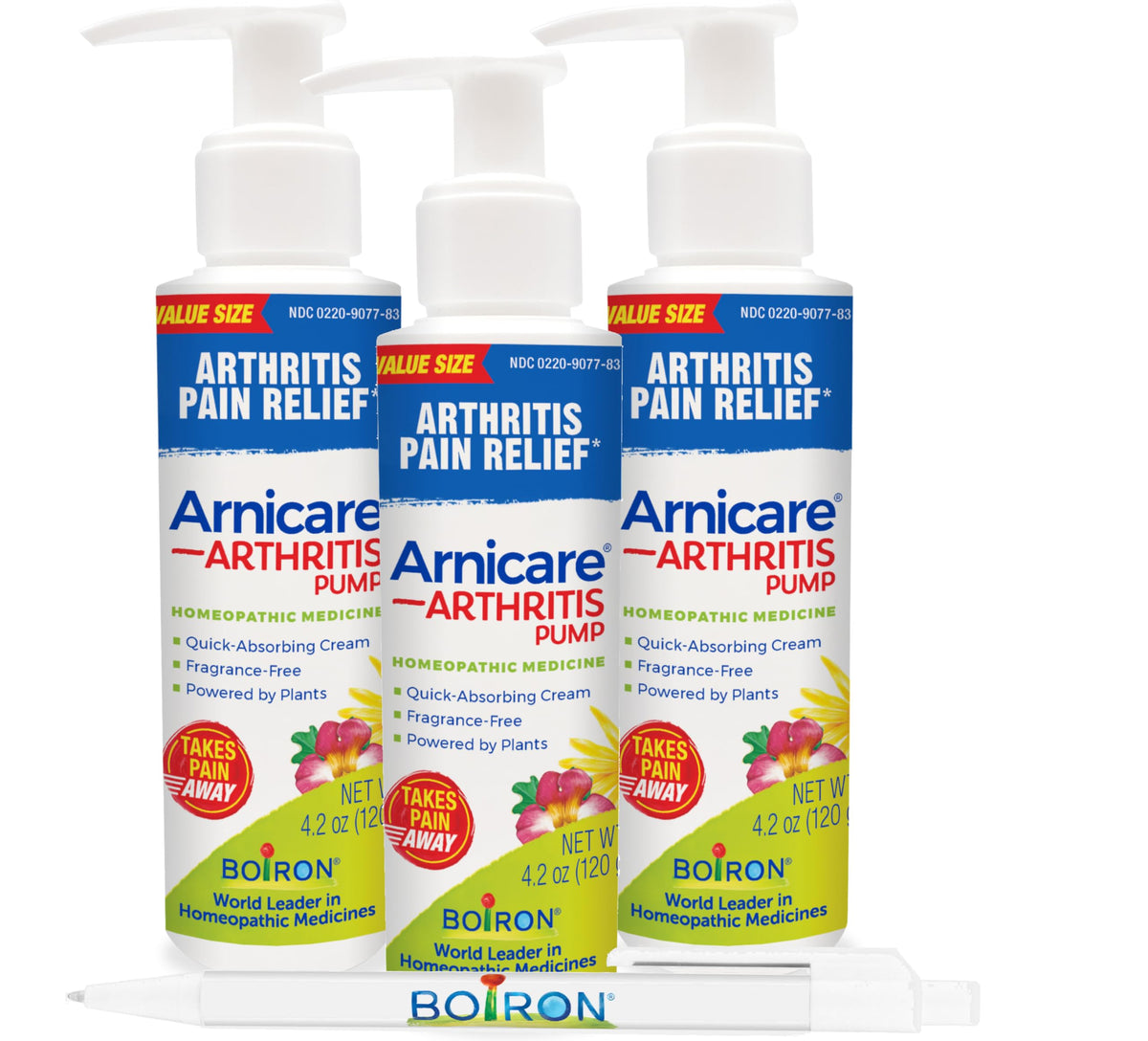 Boiron Arnicare Arthritis Cream pump bottle provides quick, non-greasy relief for joints.