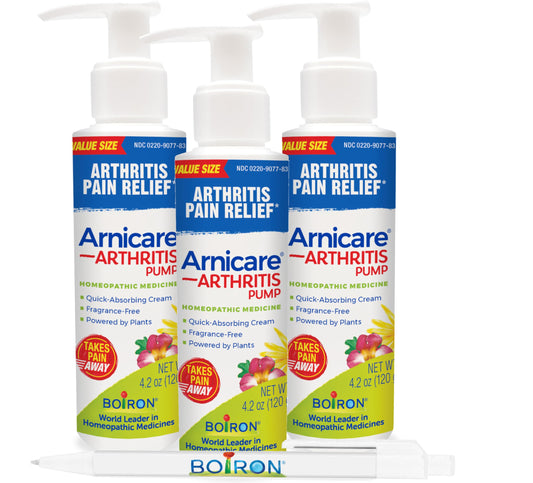 Boiron Arnicare Arthritis Cream pump bottle provides quick, non-greasy relief for joints.