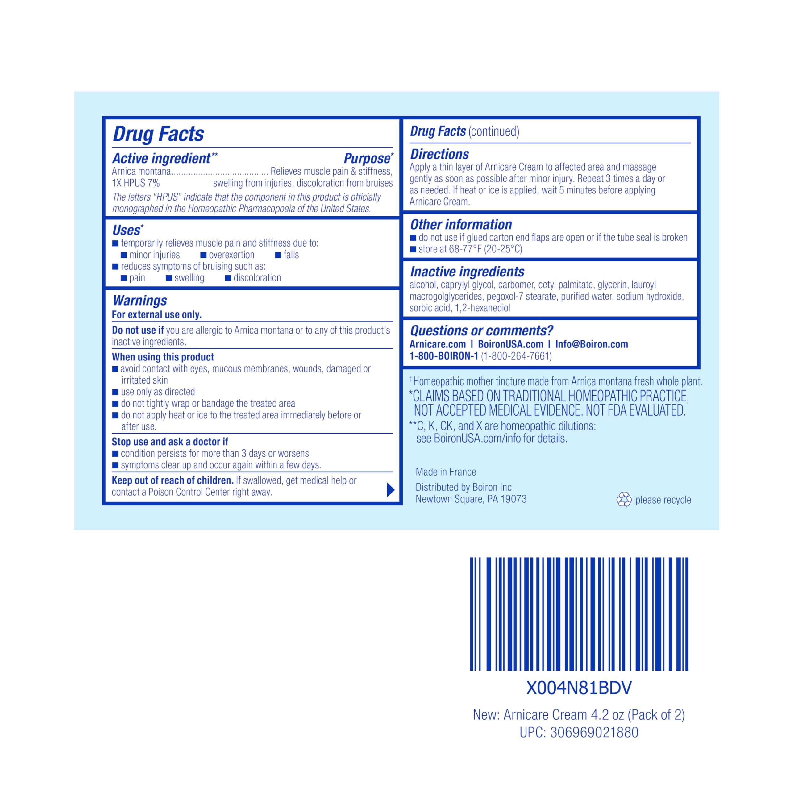 Boiron Arnicare Cream label shows fragrance-free formula