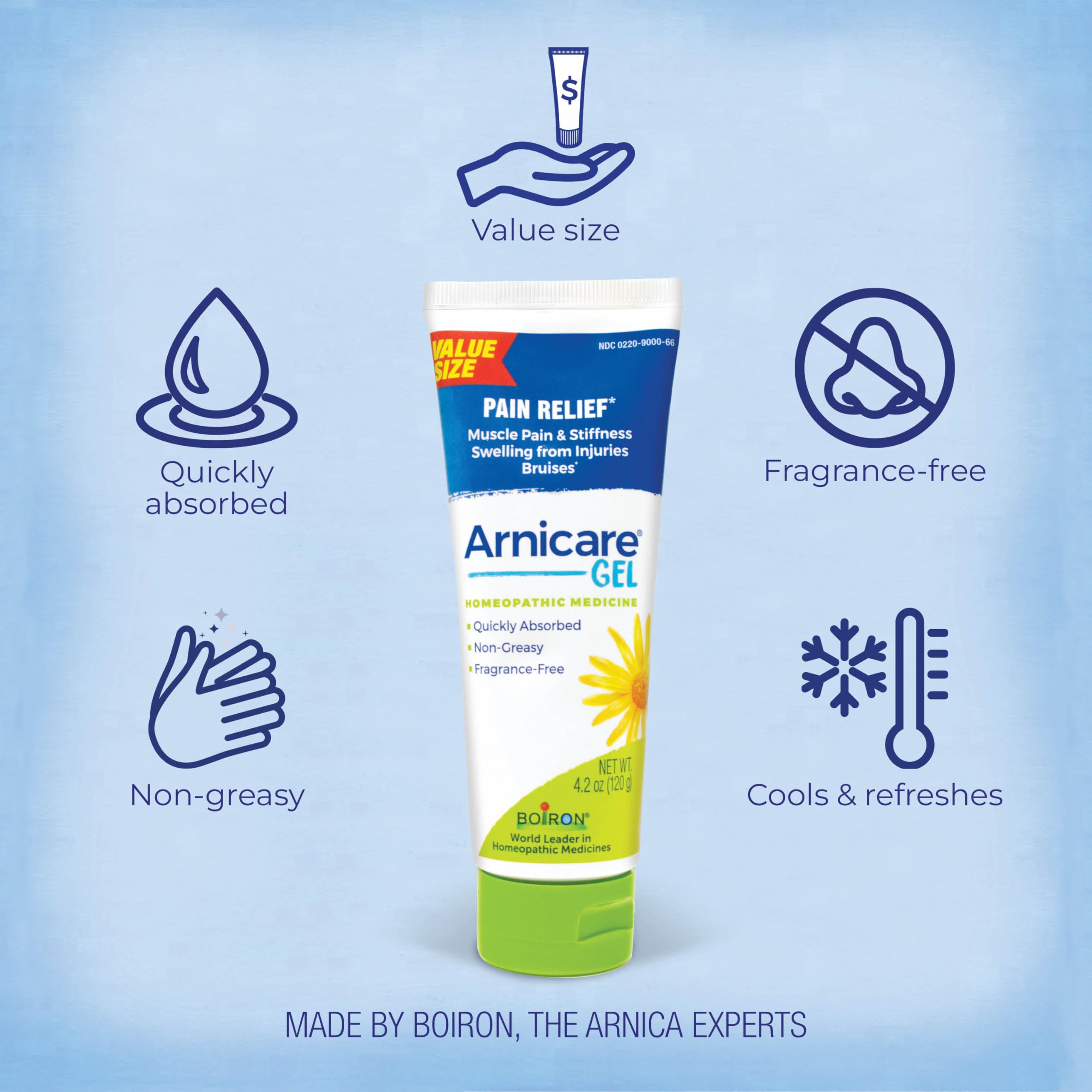 Boiron Arnicare Gel cooling surface; refreshing touch on sore muscles.
