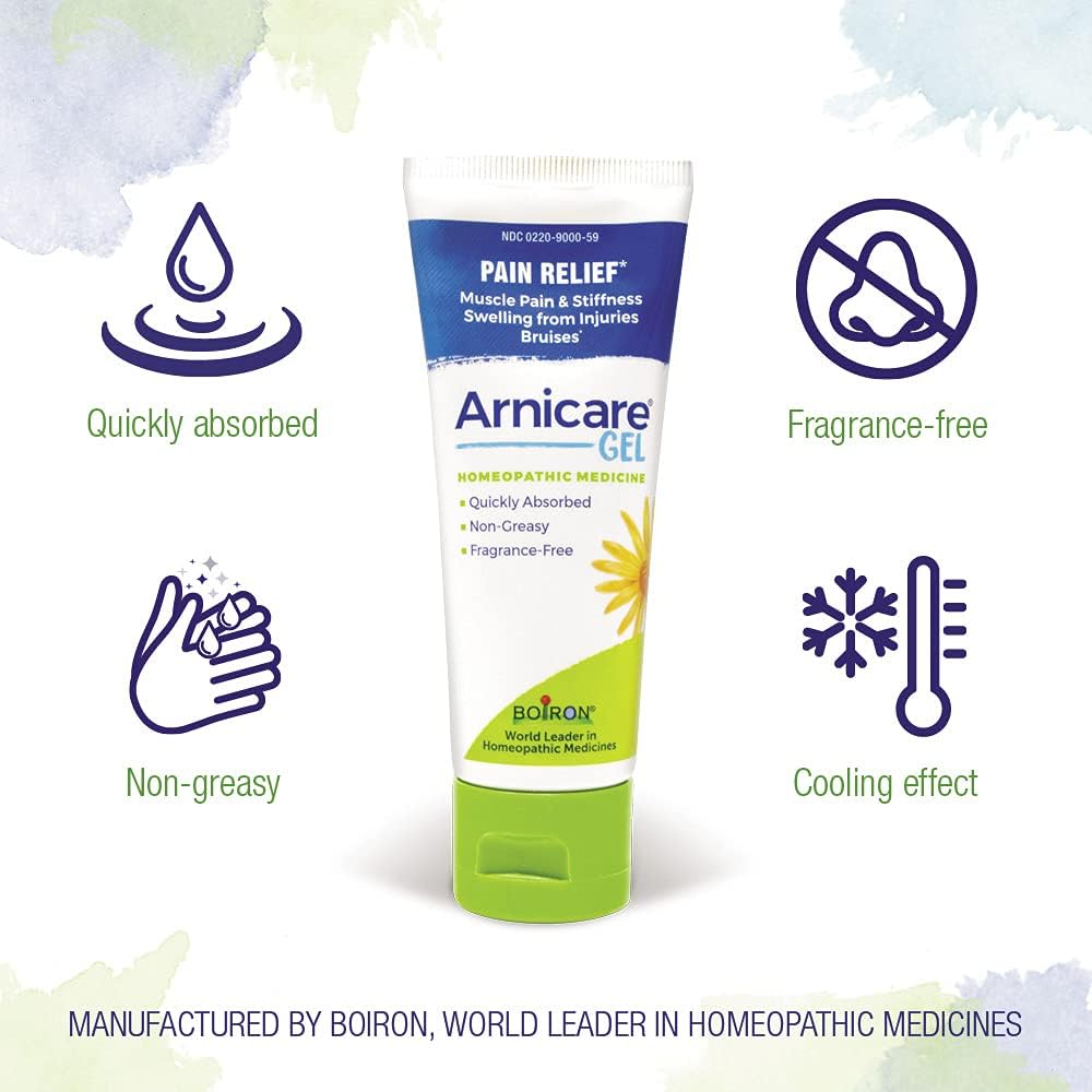 Boiron Arnicare gel label closeup, fragrance-free formula for sensitive skin.