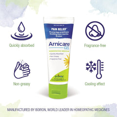 Boiron Arnicare gel label closeup, fragrance-free formula for sensitive skin.