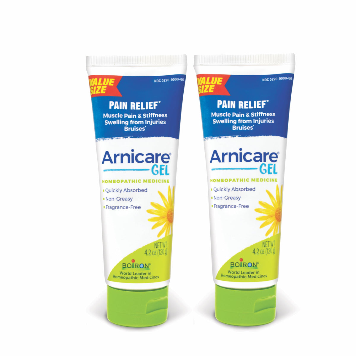 Boiron Arnicare gel tubes front view, two-pack, for temporary muscle pain relief.