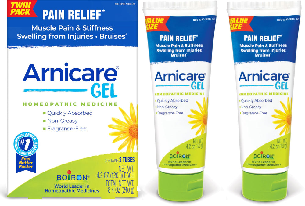 Boiron Arnicare Gel twin pack front view; quick, cooling relief for minor muscle pain.