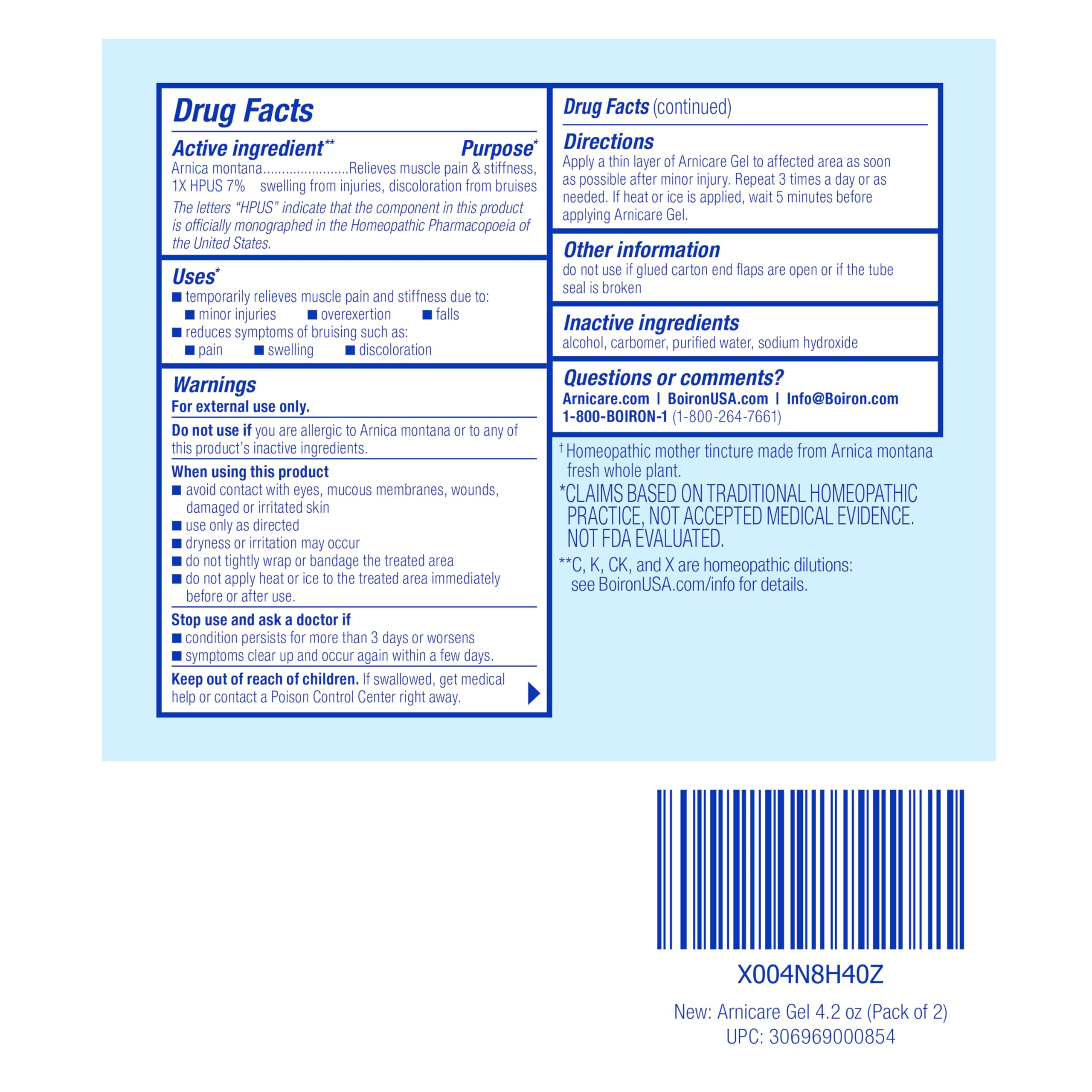 Boiron Arnicare Gel water-based formula; easy spread on skin.