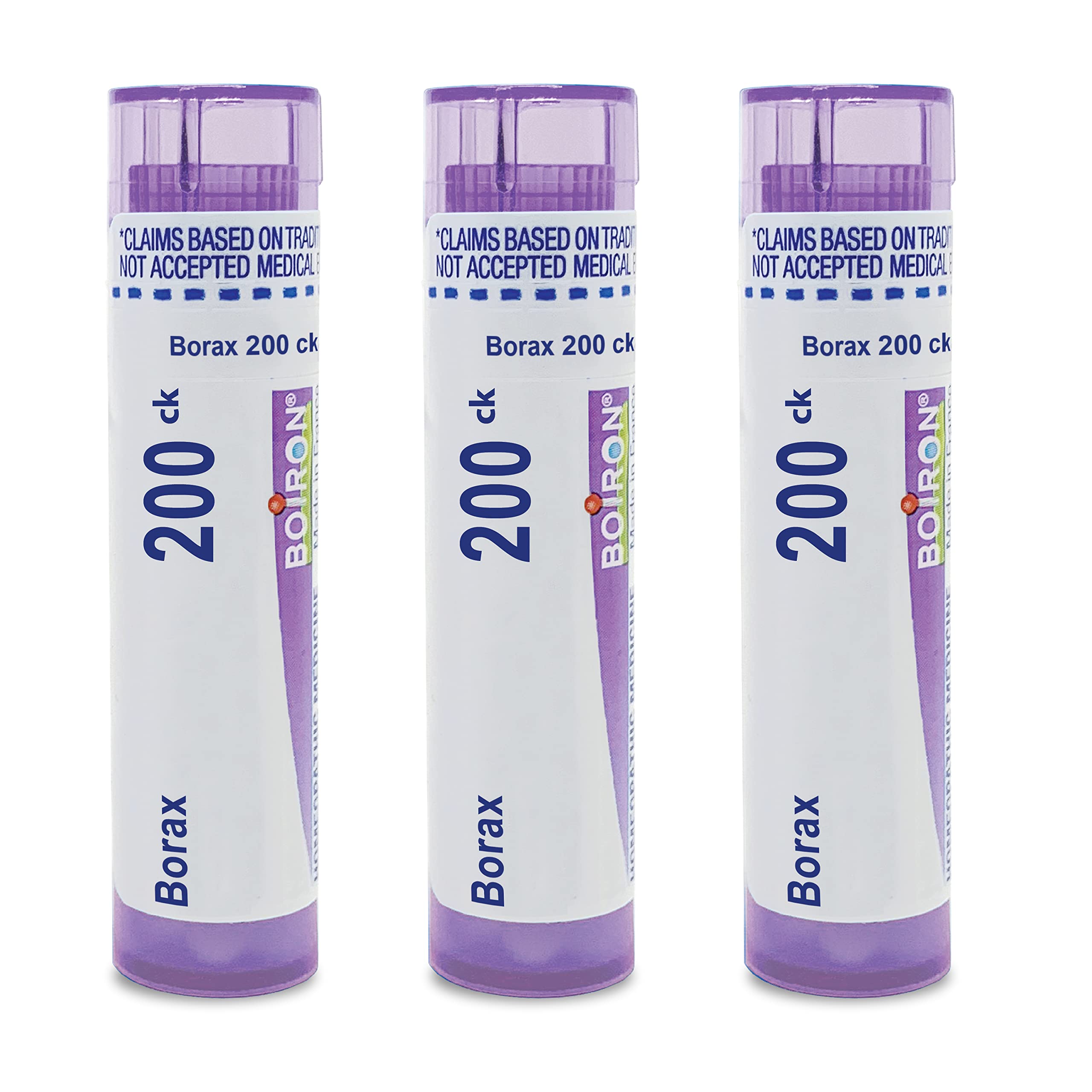 Boiron Borax 200Ck pellets in dispensing tube for on-the-go relief.