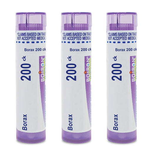 Boiron Borax 200Ck pellets in dispensing tube for on-the-go relief.