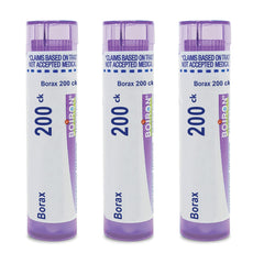 Boiron Borax 200Ck pellets in dispensing tube for on-the-go relief.