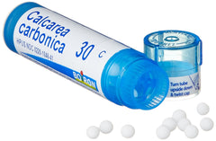 Boiron Calcarea Carbonica 30C pellets closeup label emphasizes natural homeopathic format.