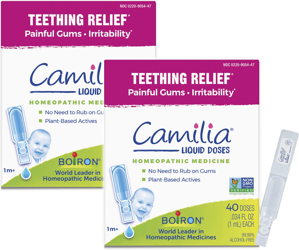 Boiron Camilia Drops bottle-pack shown for easy teething relief for babies