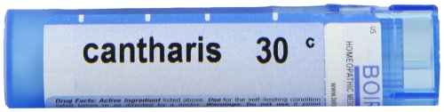 Close-up of Boiron Cantharis 30C quick-dissolve pellets for discreet use